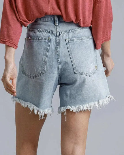 High Rise Denim Shorts With Raw Hem - ShopEasier