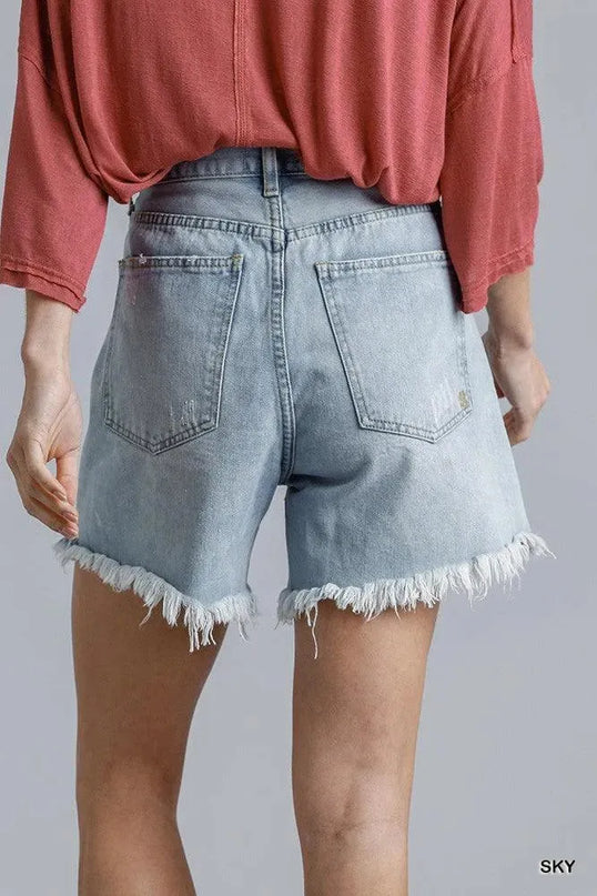 High Rise Denim Shorts With Raw Hem - ShopEasier