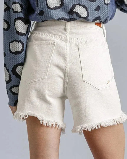 High Rise Denim Shorts With Raw Hem - ShopEasier