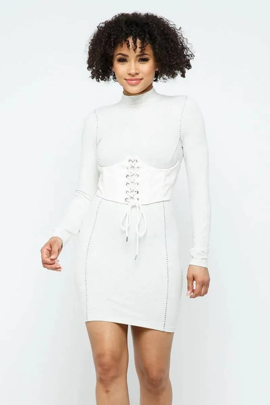 Mock Neck Long Sleeve Bodycon Mini W Bustier Detail And Stitching - ShopEasier