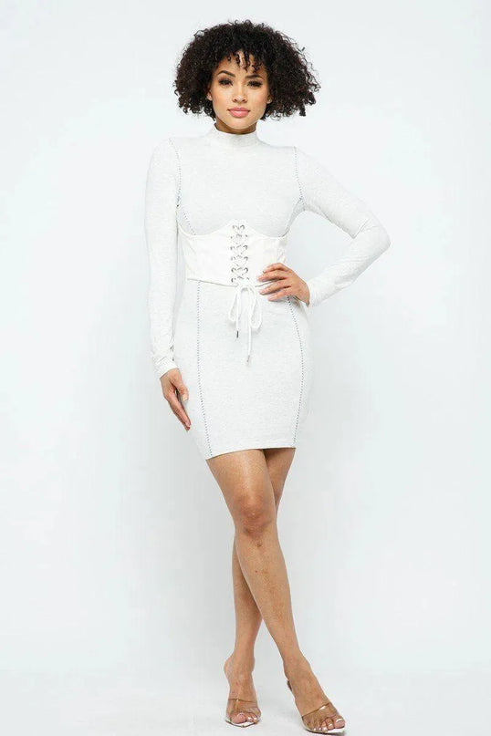 Mock Neck Long Sleeve Bodycon Mini W Bustier Detail And Stitching - ShopEasier