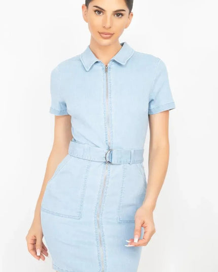 Belted Bodycon Collared Denim Dress - ShopEasier