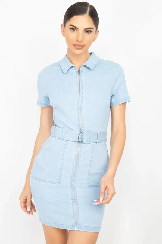 Belted Bodycon Collared Denim Dress - ShopEasier