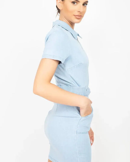 Belted Bodycon Collared Denim Dress - ShopEasier