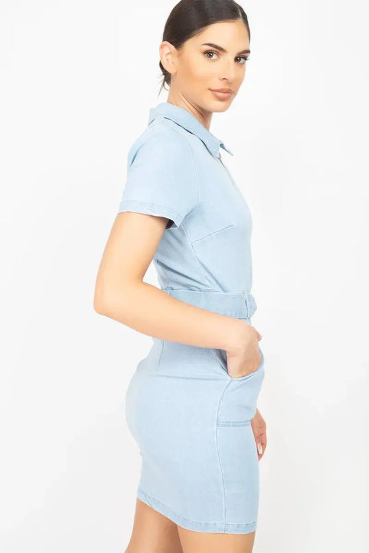 Belted Bodycon Collared Denim Dress - ShopEasier