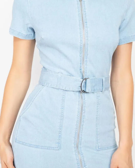 Belted Bodycon Collared Denim Dress - ShopEasier