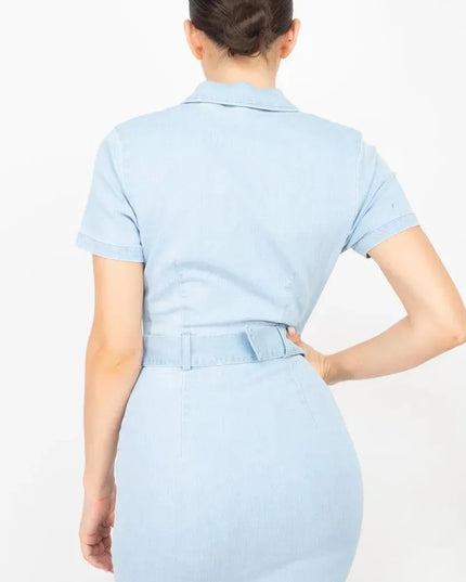 Belted Bodycon Collared Denim Dress - ShopEasier