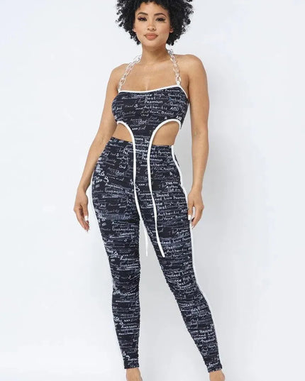 Mesh Print Crop Top With Plastic Chain Halter Neck With Matching Leggings - ShopEasier