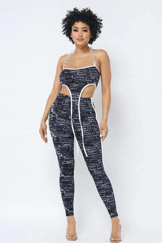 Mesh Print Crop Top With Plastic Chain Halter Neck With Matching Leggings - ShopEasier