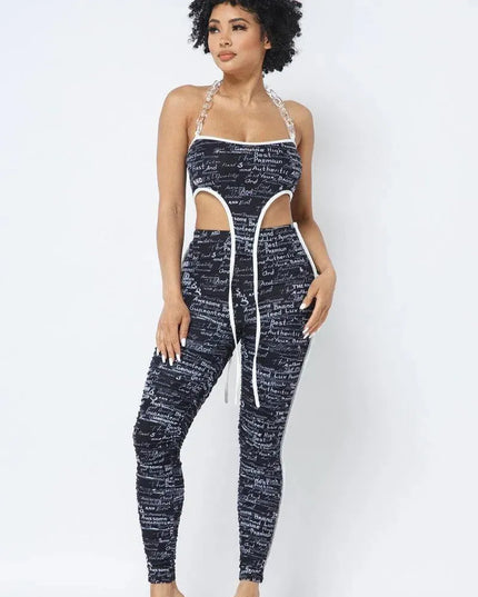 Mesh Print Crop Top With Plastic Chain Halter Neck With Matching Leggings - ShopEasier