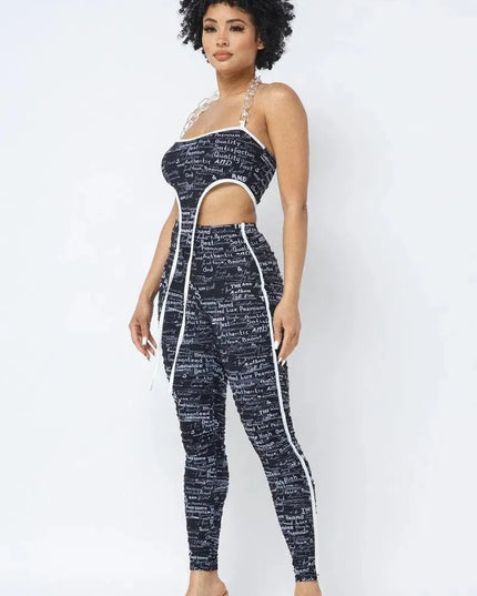 Mesh Print Crop Top With Plastic Chain Halter Neck With Matching Leggings - ShopEasier