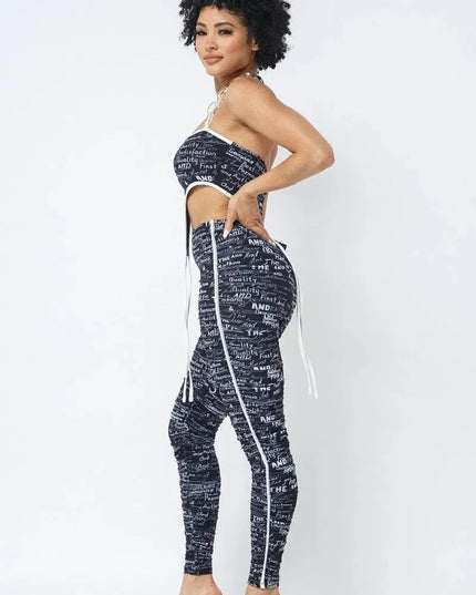 Mesh Print Crop Top With Plastic Chain Halter Neck With Matching Leggings - ShopEasier