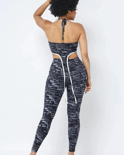 Mesh Print Crop Top With Plastic Chain Halter Neck With Matching Leggings - ShopEasier