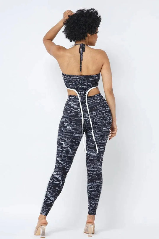 Mesh Print Crop Top With Plastic Chain Halter Neck With Matching Leggings - ShopEasier