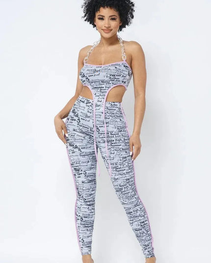 Mesh Print Crop Top With Plastic Chain Halter Neck With Matching Leggings - ShopEasier