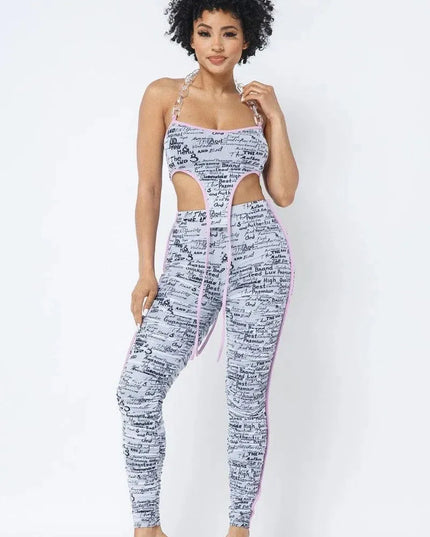 Mesh Print Crop Top With Plastic Chain Halter Neck With Matching Leggings - ShopEasier