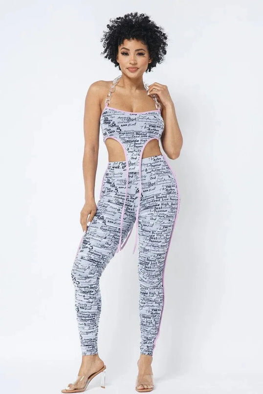 Mesh Print Crop Top With Plastic Chain Halter Neck With Matching Leggings - ShopEasier