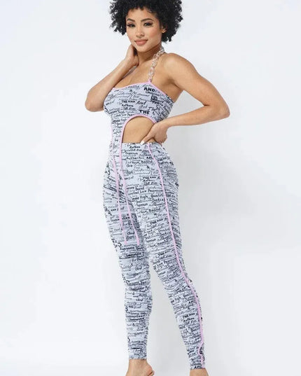 Mesh Print Crop Top With Plastic Chain Halter Neck With Matching Leggings - ShopEasier