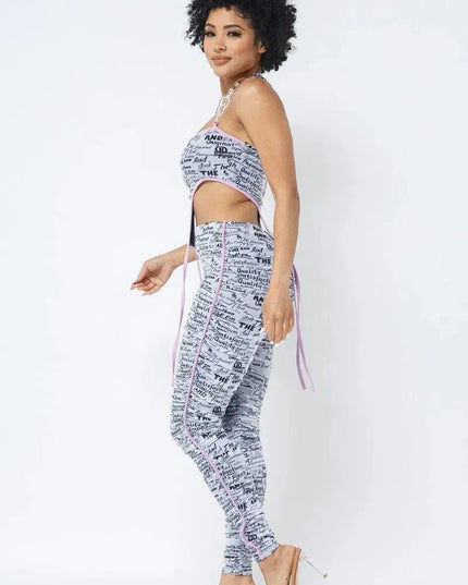 Mesh Print Crop Top With Plastic Chain Halter Neck With Matching Leggings - ShopEasier