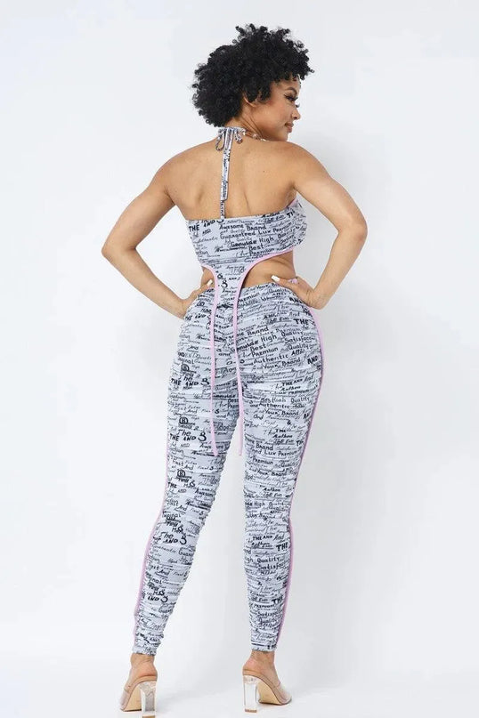 Mesh Print Crop Top With Plastic Chain Halter Neck With Matching Leggings - ShopEasier