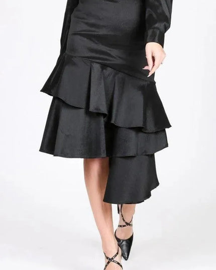 Asymmetrical Ruffle Bottom Satin Skirt - ShopEasier