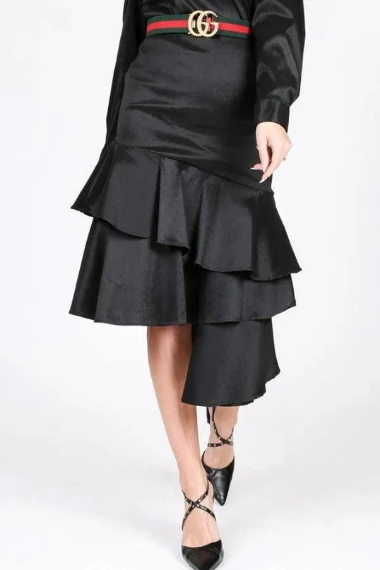 Asymmetrical Ruffle Bottom Satin Skirt - ShopEasier