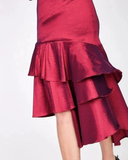 Asymmetrical Ruffle Bottom Satin Skirt - ShopEasier