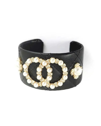 Fashion Pearl Double Round Studded Faux Leather Cuff Bracelet - ShopEasier