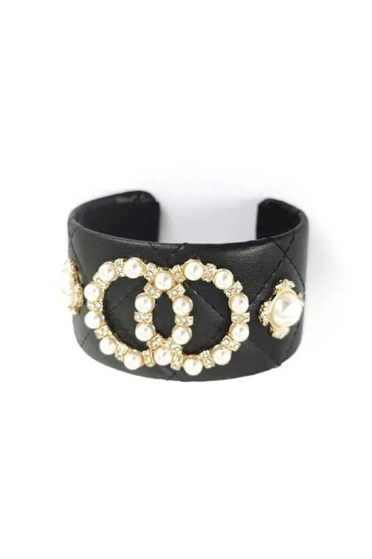 Fashion Pearl Double Round Studded Faux Leather Cuff Bracelet - ShopEasier