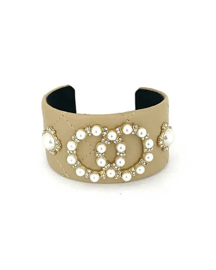 Fashion Pearl Double Round Studded Faux Leather Cuff Bracelet - ShopEasier