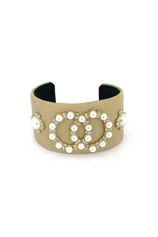 Fashion Pearl Double Round Studded Faux Leather Cuff Bracelet - ShopEasier