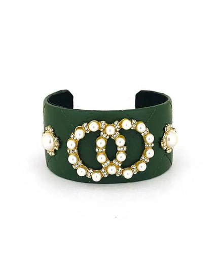 Fashion Pearl Double Round Studded Faux Leather Cuff Bracelet - ShopEasier