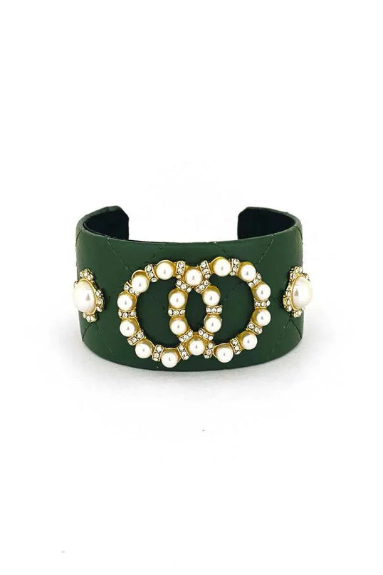 Fashion Pearl Double Round Studded Faux Leather Cuff Bracelet - ShopEasier