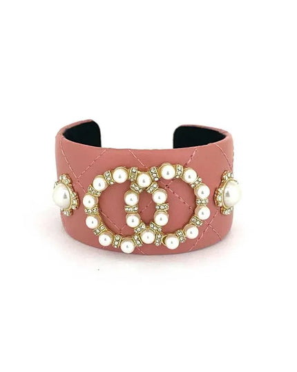 Fashion Pearl Double Round Studded Faux Leather Cuff Bracelet - ShopEasier