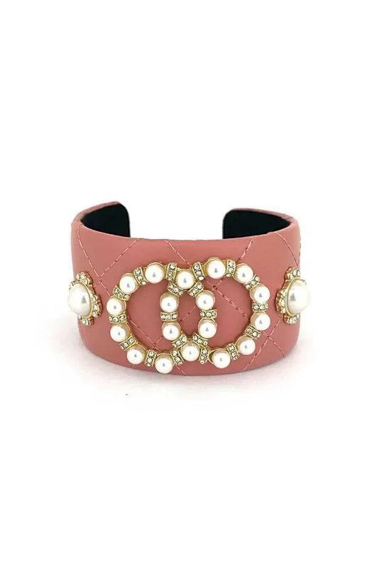 Fashion Pearl Double Round Studded Faux Leather Cuff Bracelet - ShopEasier