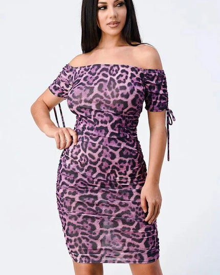 Leopard Print Off Shoulder Shirring Bodycon Dress - ShopEasier