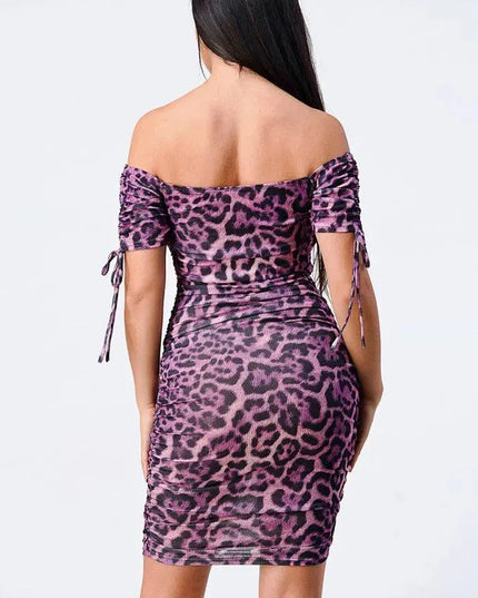 Leopard Print Off Shoulder Shirring Bodycon Dress - ShopEasier