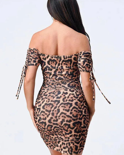 Leopard Print Off Shoulder Shirring Bodycon Dress - ShopEasier