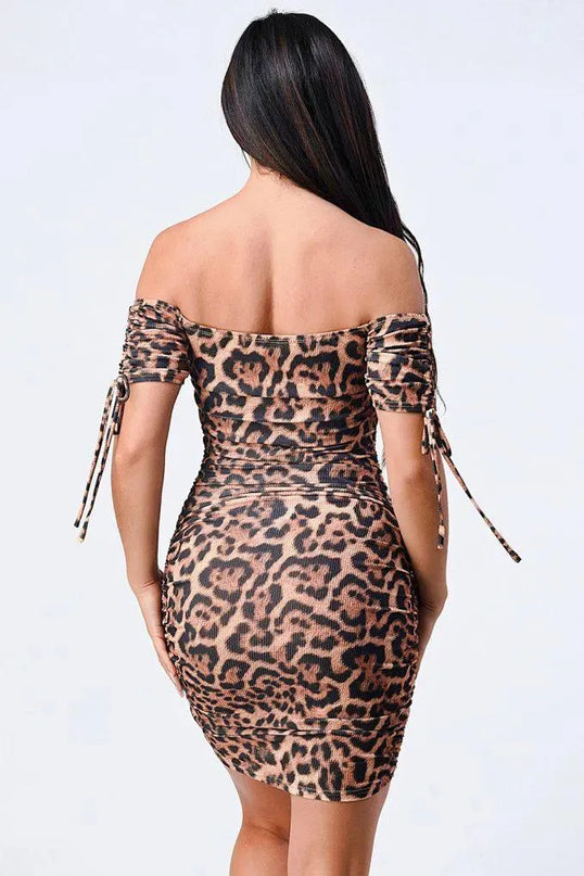 Leopard Print Off Shoulder Shirring Bodycon Dress - ShopEasier