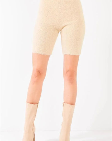 Oatmeal Beige Knit High Waist Stretchy Warm Fuzzy Biker Shorts - ShopEasier