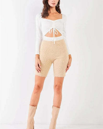 Oatmeal Beige Knit High Waist Stretchy Warm Fuzzy Biker Shorts - ShopEasier