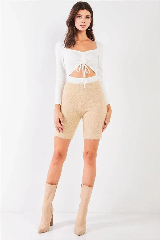 Oatmeal Beige Knit High Waist Stretchy Warm Fuzzy Biker Shorts - ShopEasier