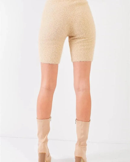 Oatmeal Beige Knit High Waist Stretchy Warm Fuzzy Biker Shorts - ShopEasier