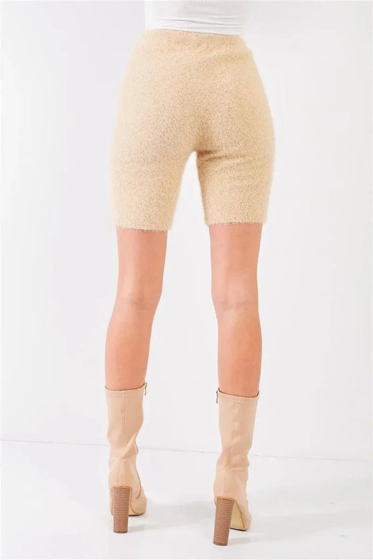 Oatmeal Beige Knit High Waist Stretchy Warm Fuzzy Biker Shorts - ShopEasier