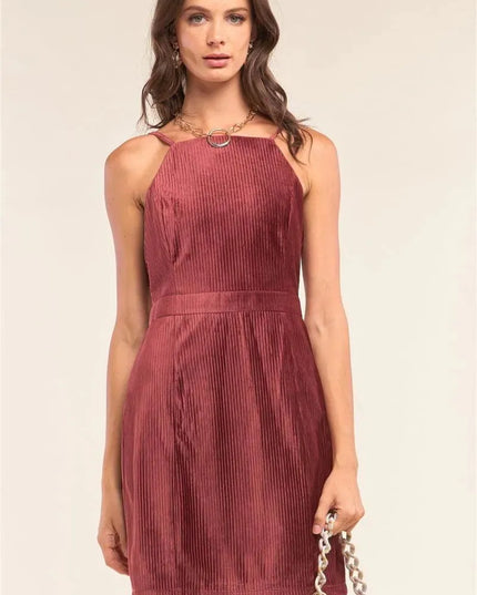 Cranberry Red Corduroy Sleeveless Square Neck Tight Fit Mini Dress - ShopEasier