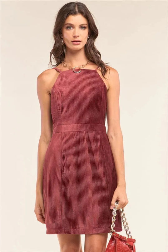 Cranberry Red Corduroy Sleeveless Square Neck Tight Fit Mini Dress - ShopEasier