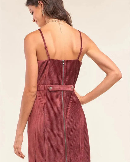 Cranberry Red Corduroy Sleeveless Square Neck Tight Fit Mini Dress - ShopEasier