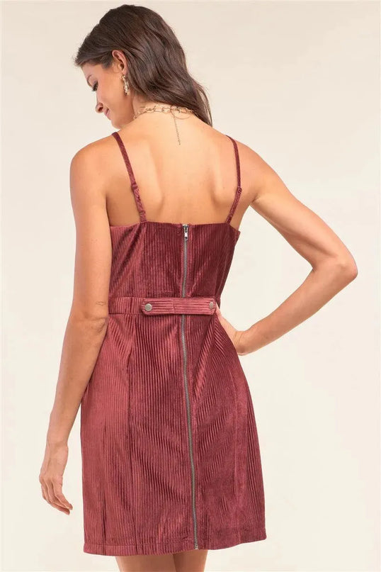 Cranberry Red Corduroy Sleeveless Square Neck Tight Fit Mini Dress - ShopEasier