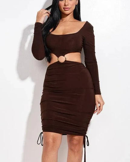 Solid Long Sleeve Ruched Short Dress With O Ring - ShopEasier