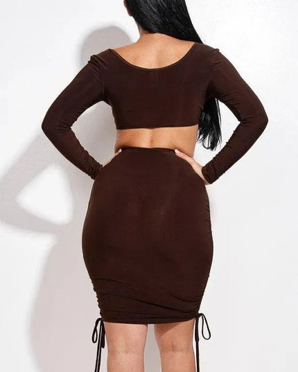 Solid Long Sleeve Ruched Short Dress With O Ring - ShopEasier